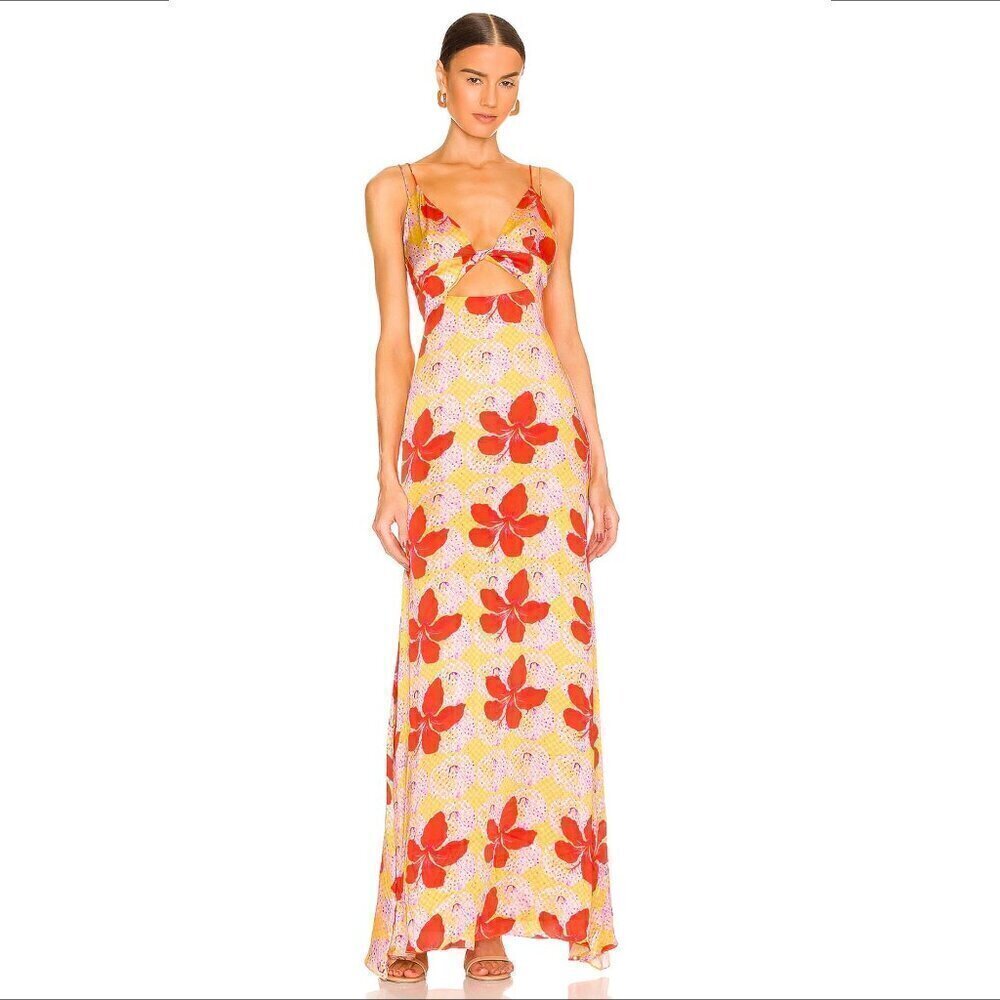 Yaura Tinuke maxi dress hibiscus floral yellow orange purple cut-out corset 6